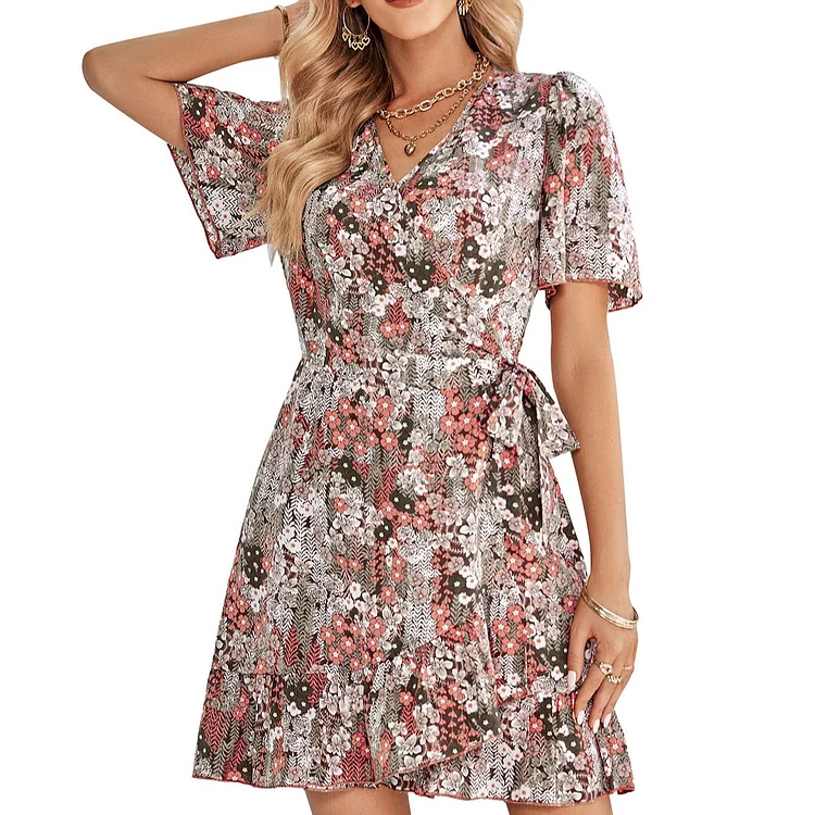 Women's Casual V-neck Broken Flower Print Short Sleeve Dress