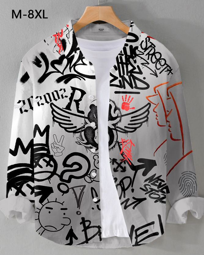 Men's Plus Size Crown Wings Graffiti Long Sleeve Shirt