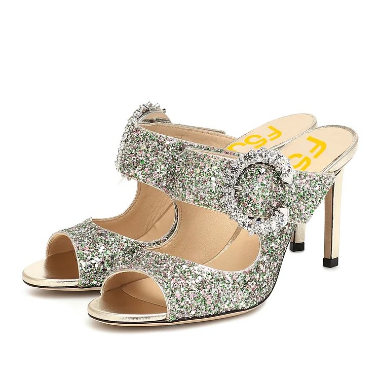 Champagne Glitter Stiletto Heels Peep Toe Rhinestone Buckle Mules |FSJ Shoes
