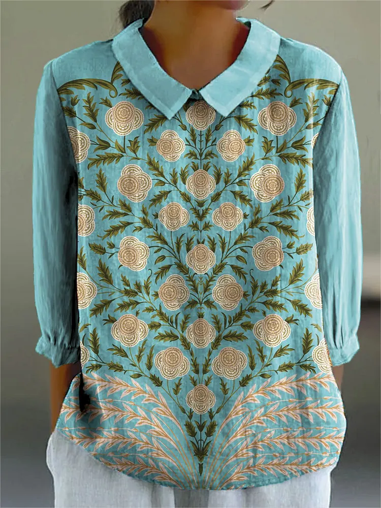 Women's Vintage Floral Art Print Casual Cotton And Linen 3/4 Sleeve Shirt