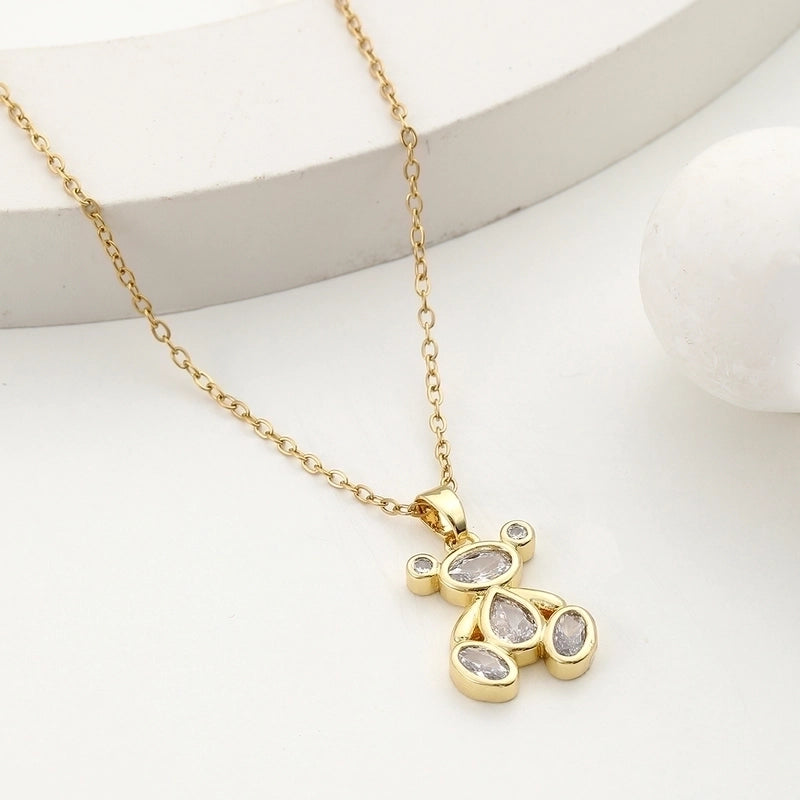 304 Stainless Steel Copper 18K Gold Plated Inlay Bear Zircon Pendant Necklace