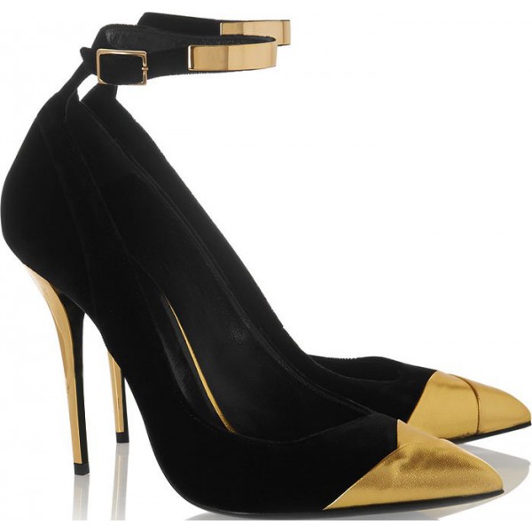 Black & Gold Cap Toe Stiletto Heel Ankle Strap Pumps for Women Nicepairs