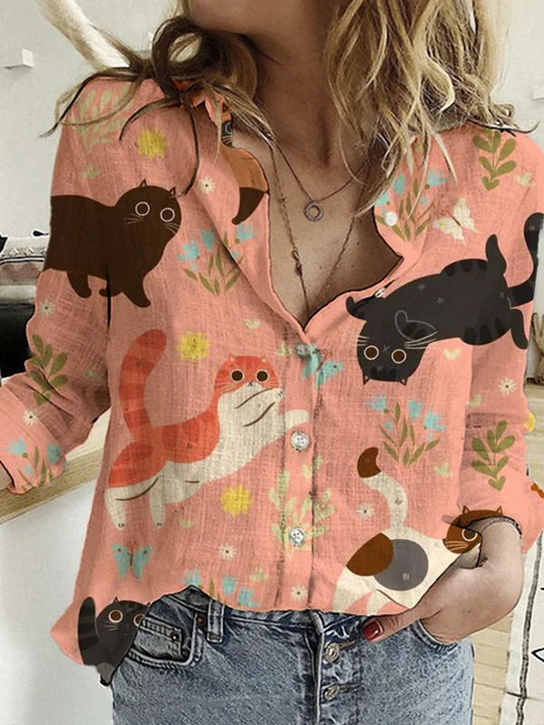 Women's Cute Kittens And Butterflies Art Print Long Sleeve Shirt
