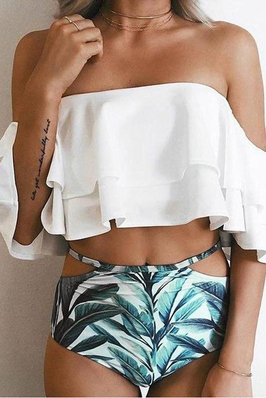White Green Leaf Print Off Shoulder Ruffle High Waisted Cutout Sexy Bikini Set - Shop Trendy Women's Clothing | LoverChic