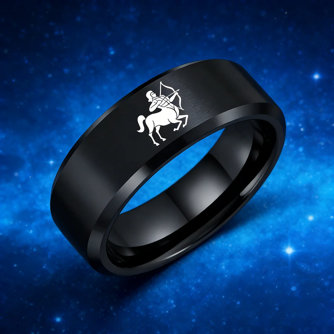 Beveled Edges Black Laser Etched Tungsten Carbide Bands Black Sagittarius Couple Wedding Rings 4MM 6MM 8MM Width