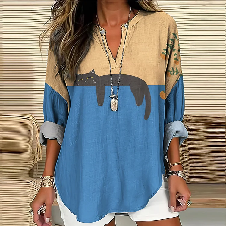 Abstract Creative Lazy Black Cat Painting Art Pattern Women's Linen V-Neck Shirt