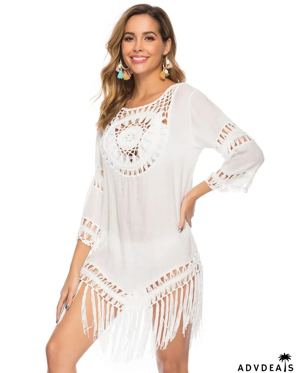 Hand Crochet Oversized Patchwork Loose Fringe Holidays-Inspired Beach Blouse