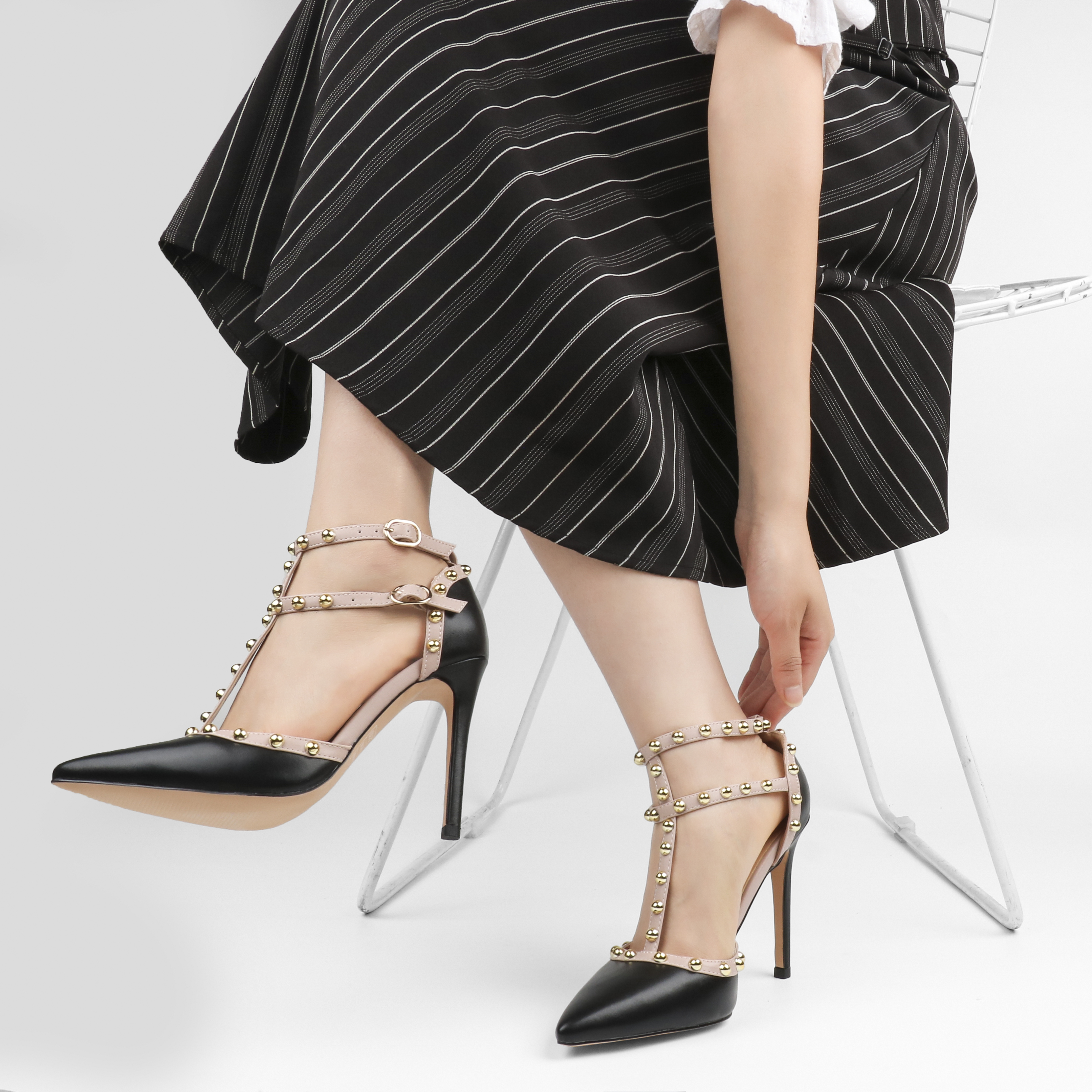 100mm Womens Pointed Toe Pumps Round Rivets Ankle Strap Sandals-MERUMOTE