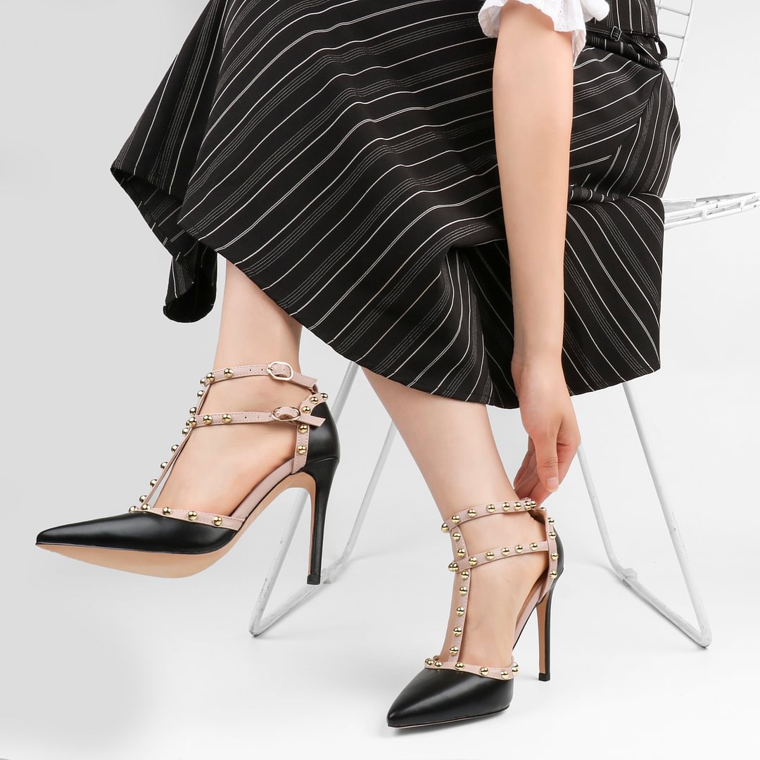 100mm Womens Pointed Toe Pumps Round Rivets Ankle Strap Sandals-MERUMOTE