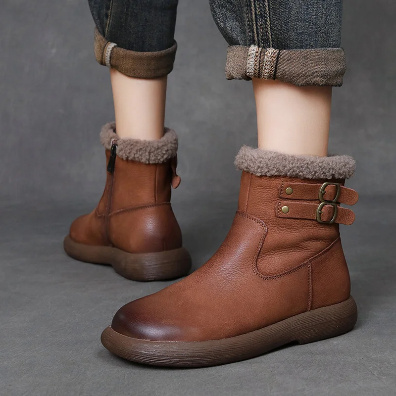 Yyvonne Cowhide Lamb Wool Snow Boots Women Winter New Warm Plus Cotton Boots Retro Leisure Short Boots
