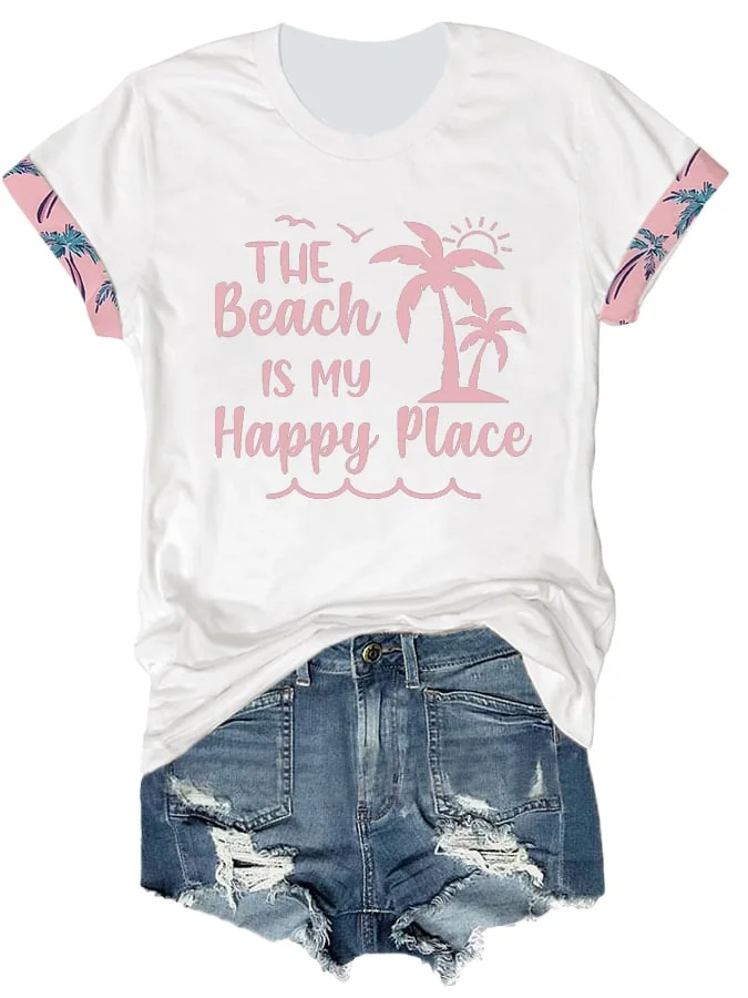🔥Buy 3 Get 10% Off🔥Women's The Beach Is My Happy Place Print Round Neck Casual T-Shirt
