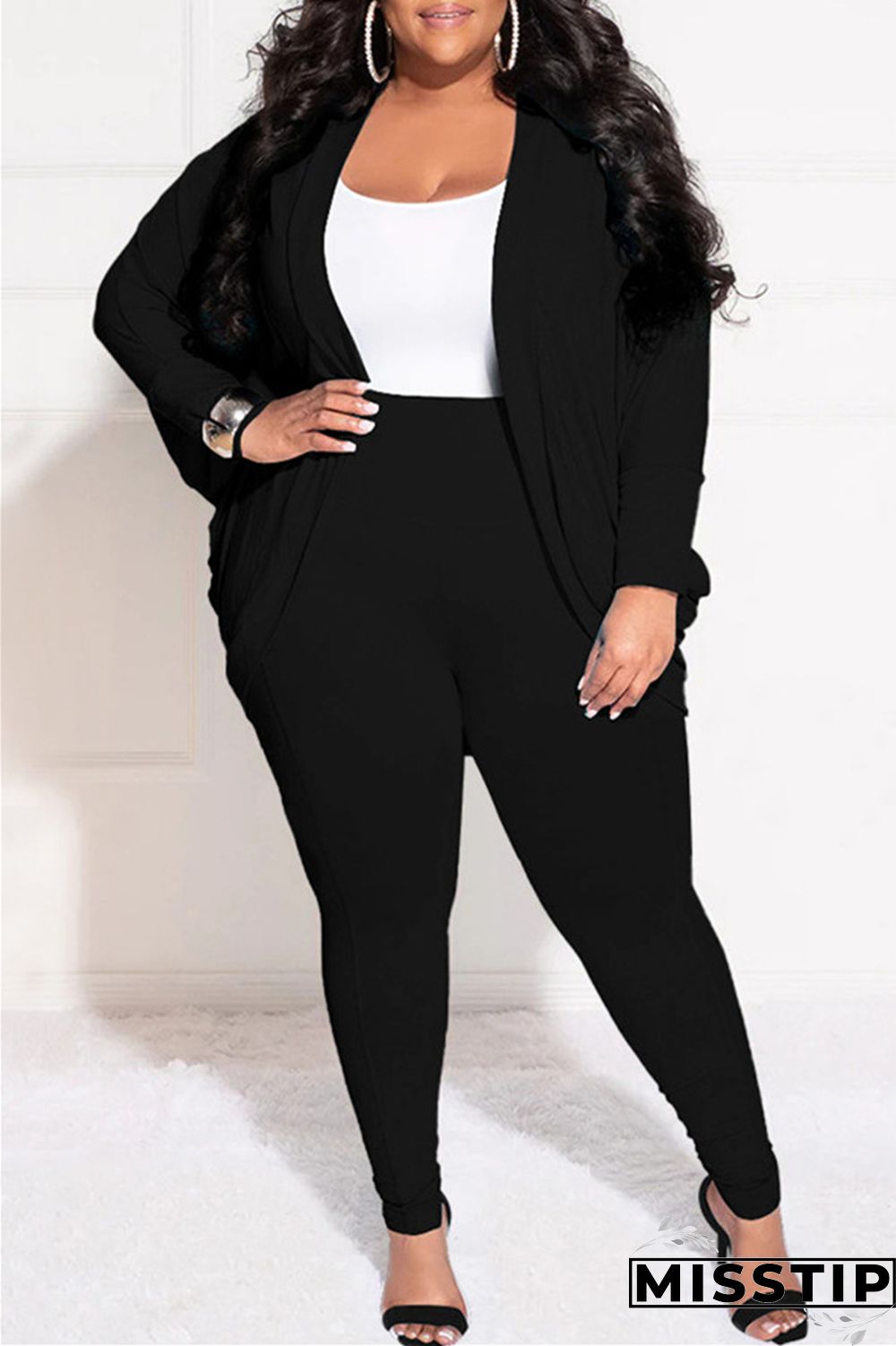 Burgundy Casual Solid Cardigan Pants Cardigan Collar Plus Size Two Pieces