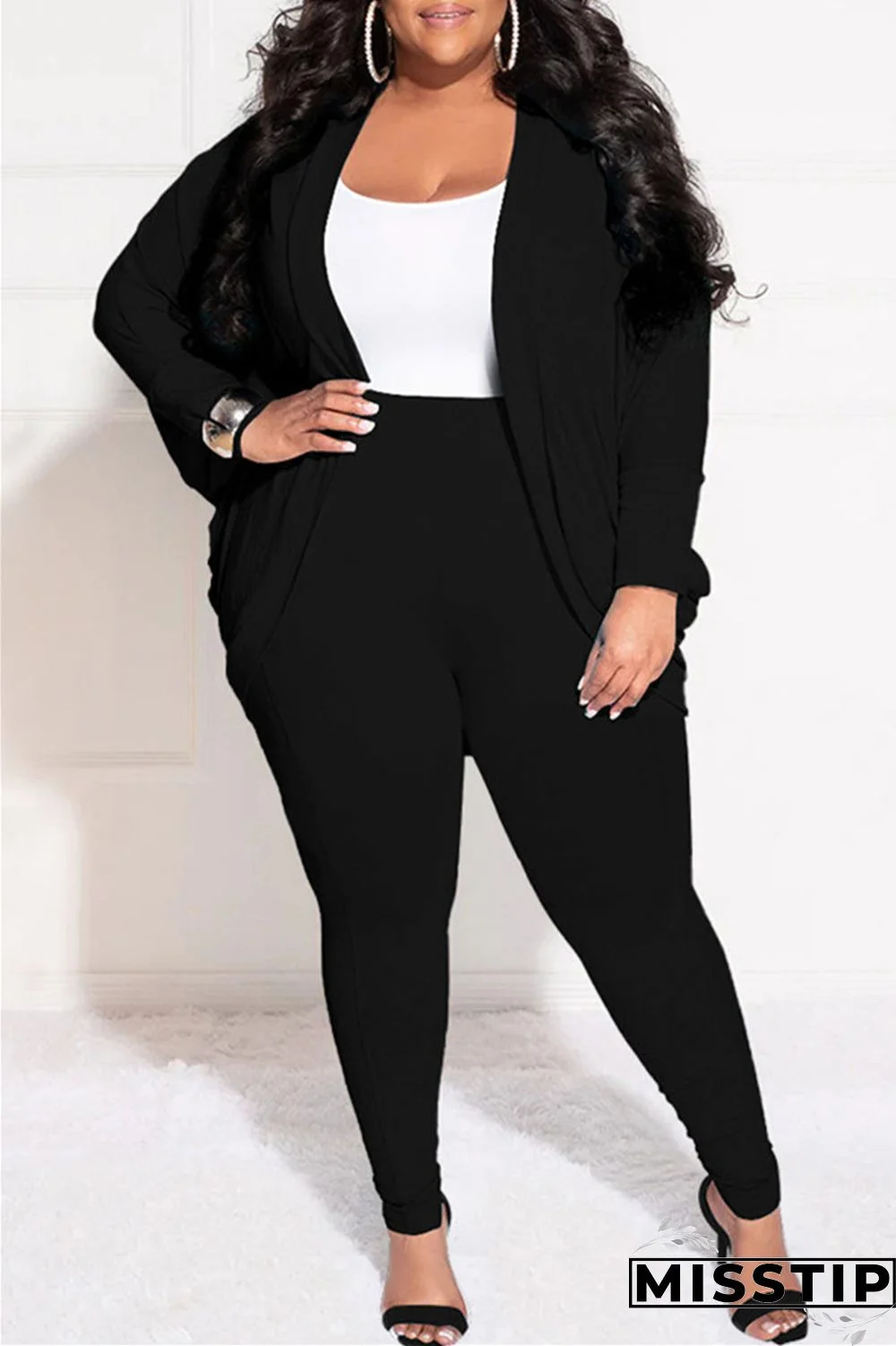 Burgundy Casual Solid Cardigan Pants Cardigan Collar Plus Size Two Pieces