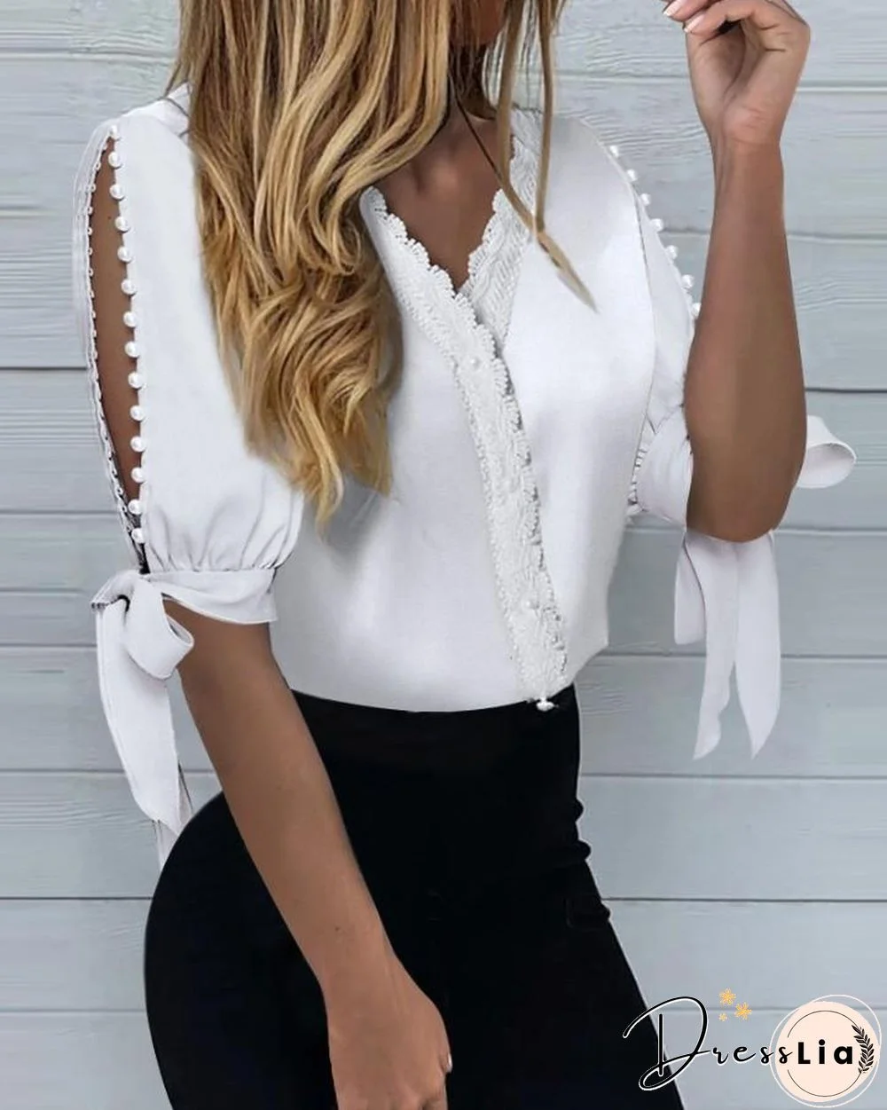 Beaded Lace Long Sleeve Shirt P10184