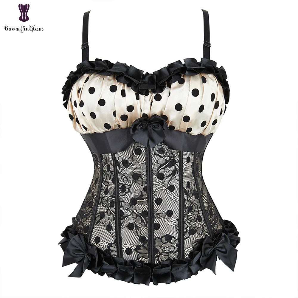 Billionm Straps Side Zip Closure Overlay Lace Up Boned Corsets Ruffled Top Polka Dot Corset Bustier Overbust 8899#