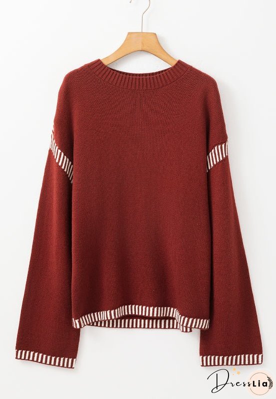 Striped Detail Round Neck Dropped Shoulder Sweater