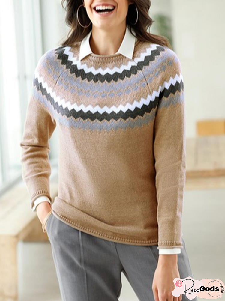 Geometric Vacation Yarn/Wool Yarn Crew Neck Ethnic Sweater