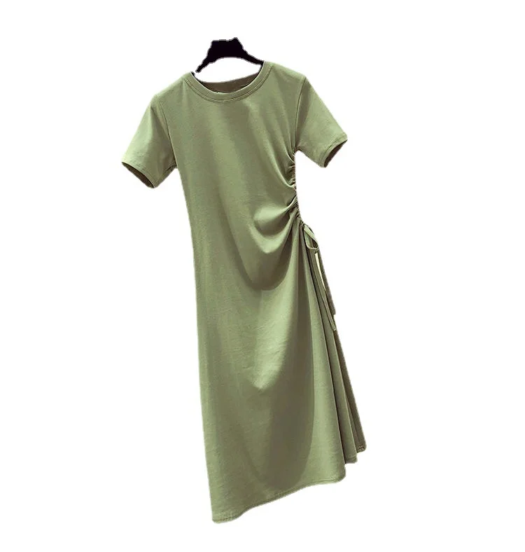 Uveng Uveng Green Dress 2024 Summer New Ins Waist Show Thin Rope Foreign Korean Version Student T-Shirt Skirt Female