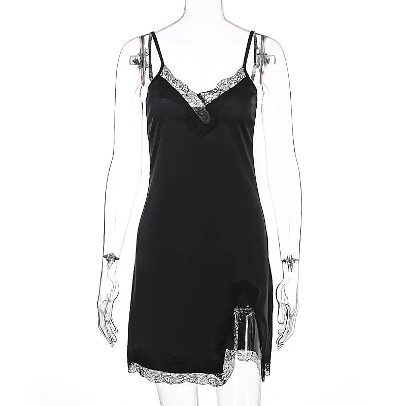 Abebey 2023 Sleeveless Lace Patchwork V-Neck  Mini Slip Slit Dress Summer Women Streetwear Outfits Sleep Wear