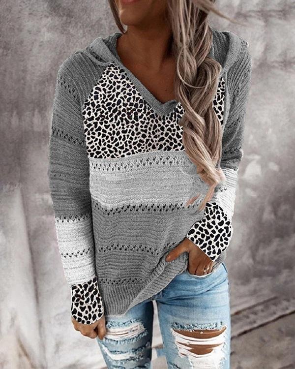 Long Sleeve V Neck Cotton-Blend Leopard Hooded Sweater - Chicaggo