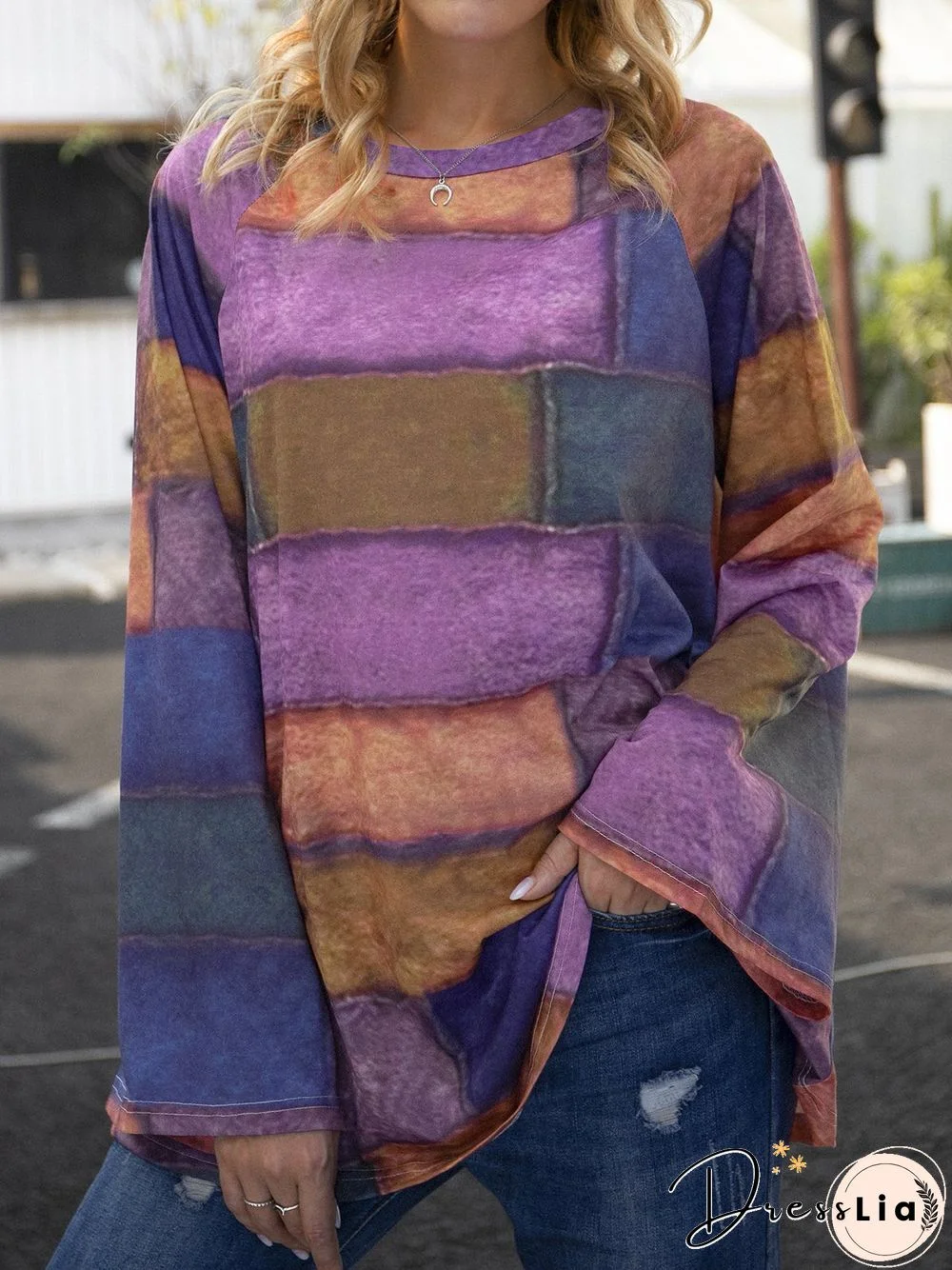 Floral-Print Crew Neck Long Sleeve Casual Tops