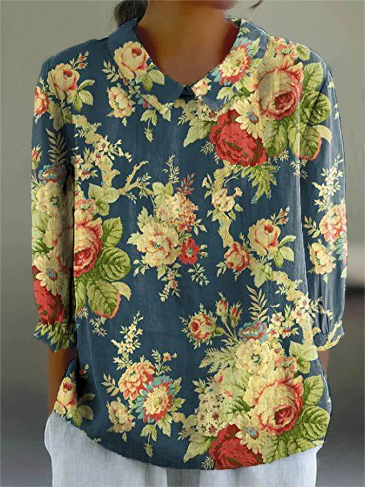 Women's Vintage Floral Art Print Casual Cotton And Linen 3/4 Sleeve Shirt