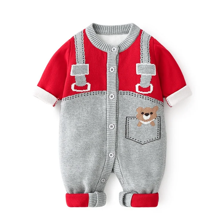 Baby Boy/Girl Bear Pattern Block Color Long Sleeve Knitted Romper