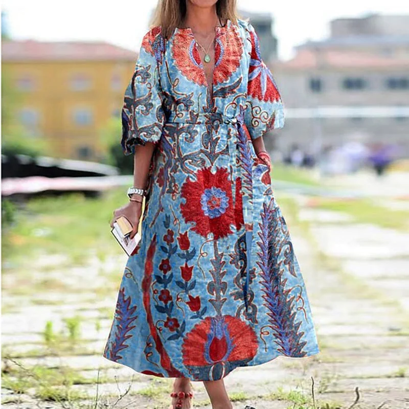 Women Vintage V Neck Tassel Party Long Dress Casual Floral Print Female Dresses Loose Three Quarter Puff Sleeve Dresses Vestidos