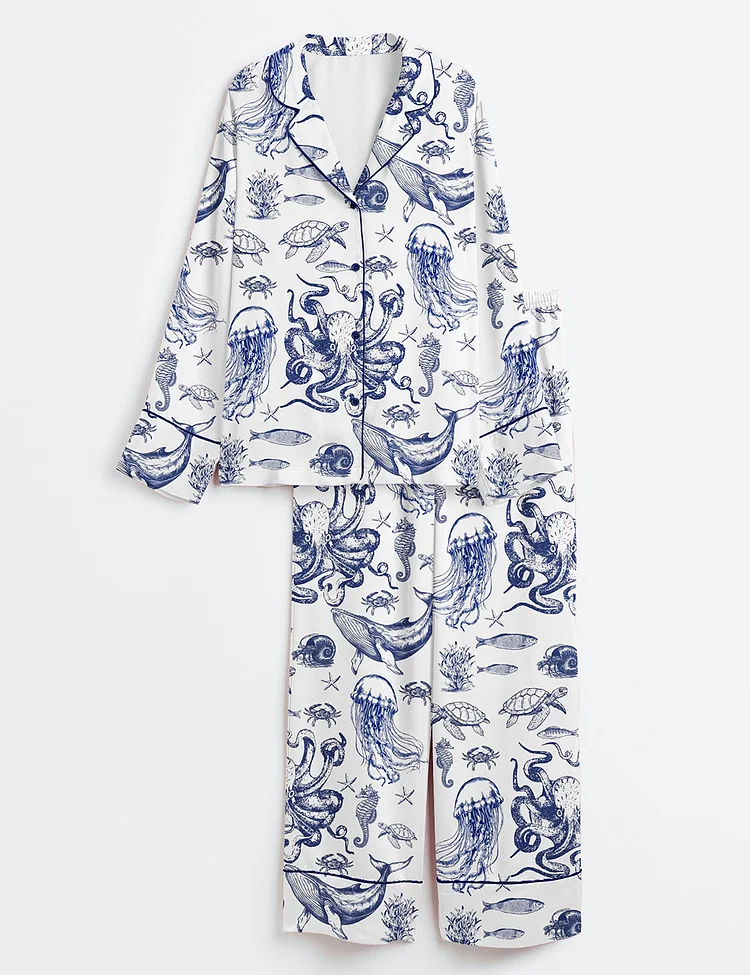 Women&rsquo;s When You Go Through Deep Waters Christian Ocean Animal Print Long Sleeve Satin Pajama Set