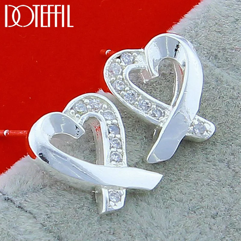 DOTEFFIL 925 Sterling Silver AAA Zircon Heart Stud Earring For Women Jewelry