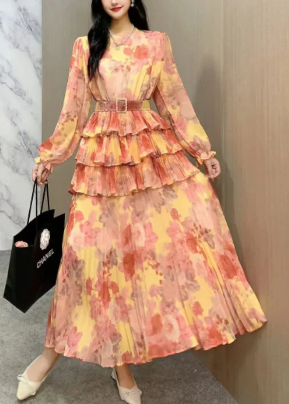 Style Orange Ruffled Patchwork Tie Waist Chiffon Dresses Long Sleeve