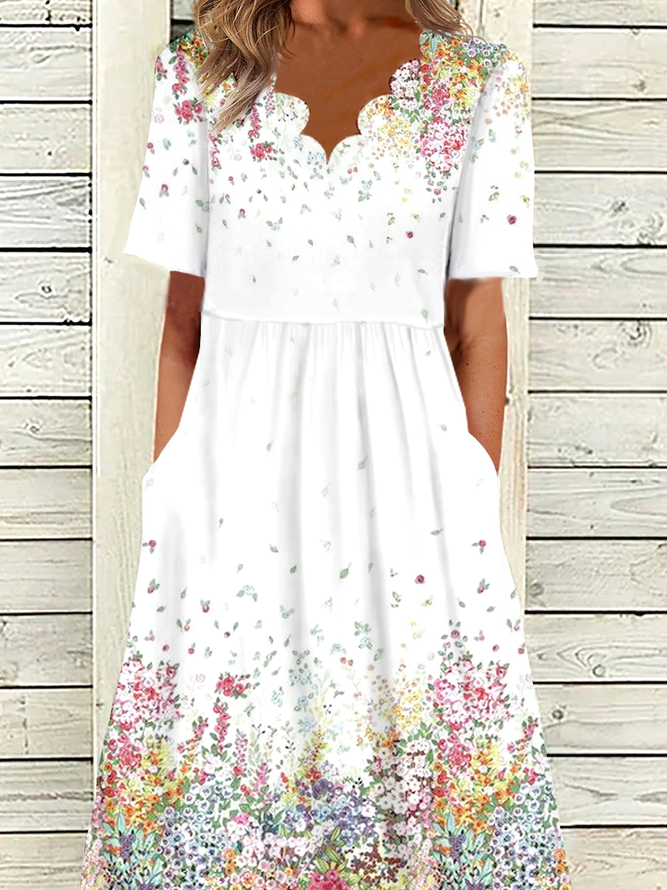 Women's A Line Dress Midi Dress White Short Sleeve Print Ruched Print Summer V Neck Elegant Modern Dress