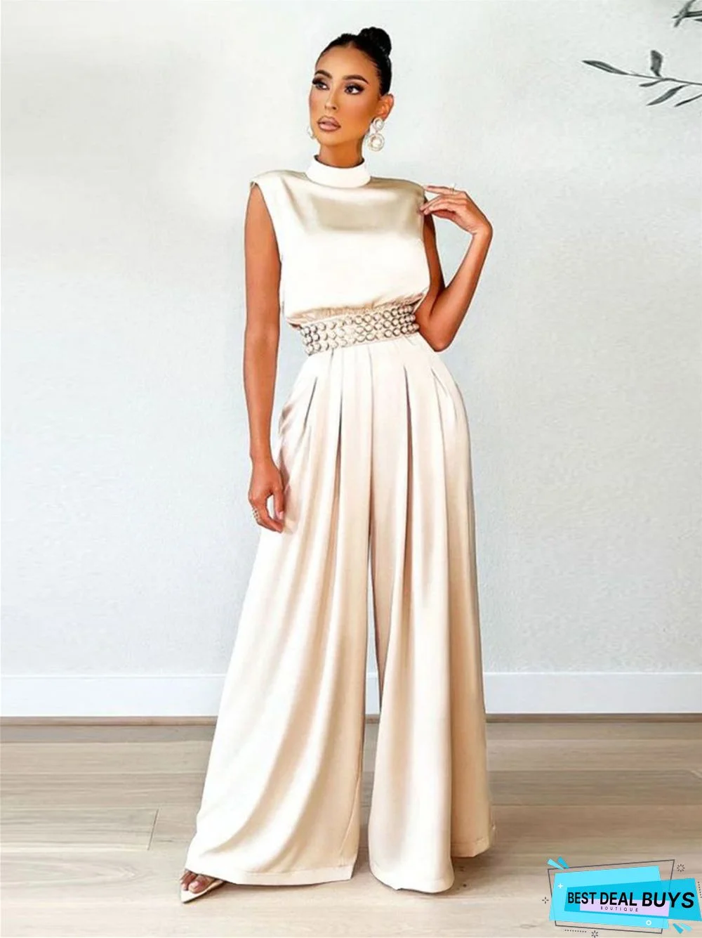 Sleeveless Mock Neck Wide-Leg Jumpsuit