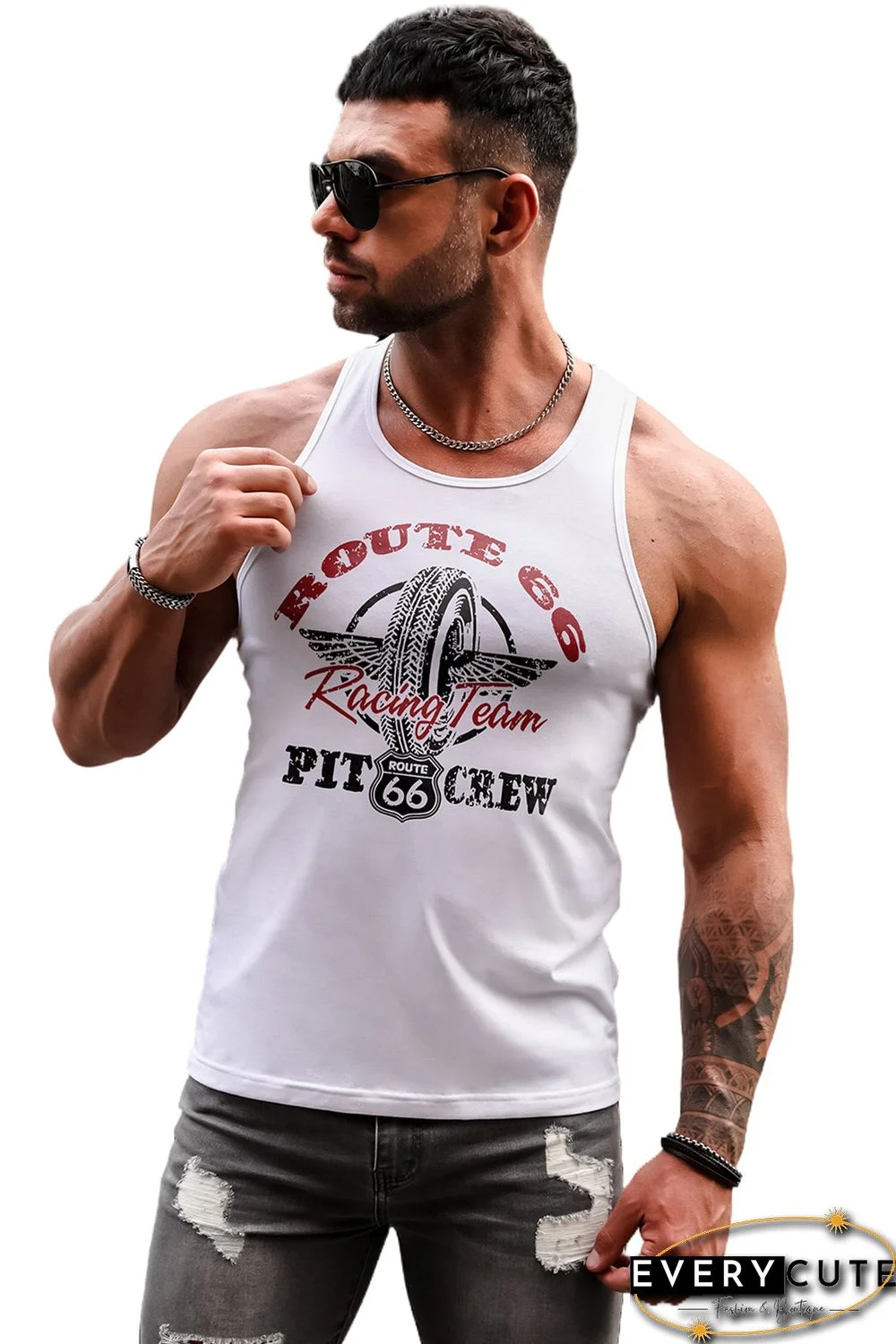 White ROUTE 66 Racing Team Graphic Print Men's Tank Top