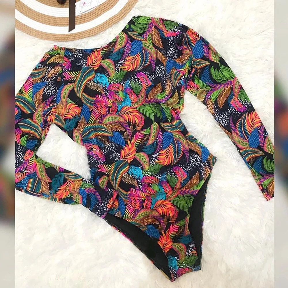 Swimwear Women Print Floral 2020 New One Piece Swimsuit Long Sleeve Bathing Suit Retro Ruffle Strappy Vintage Beachwear Surfing
