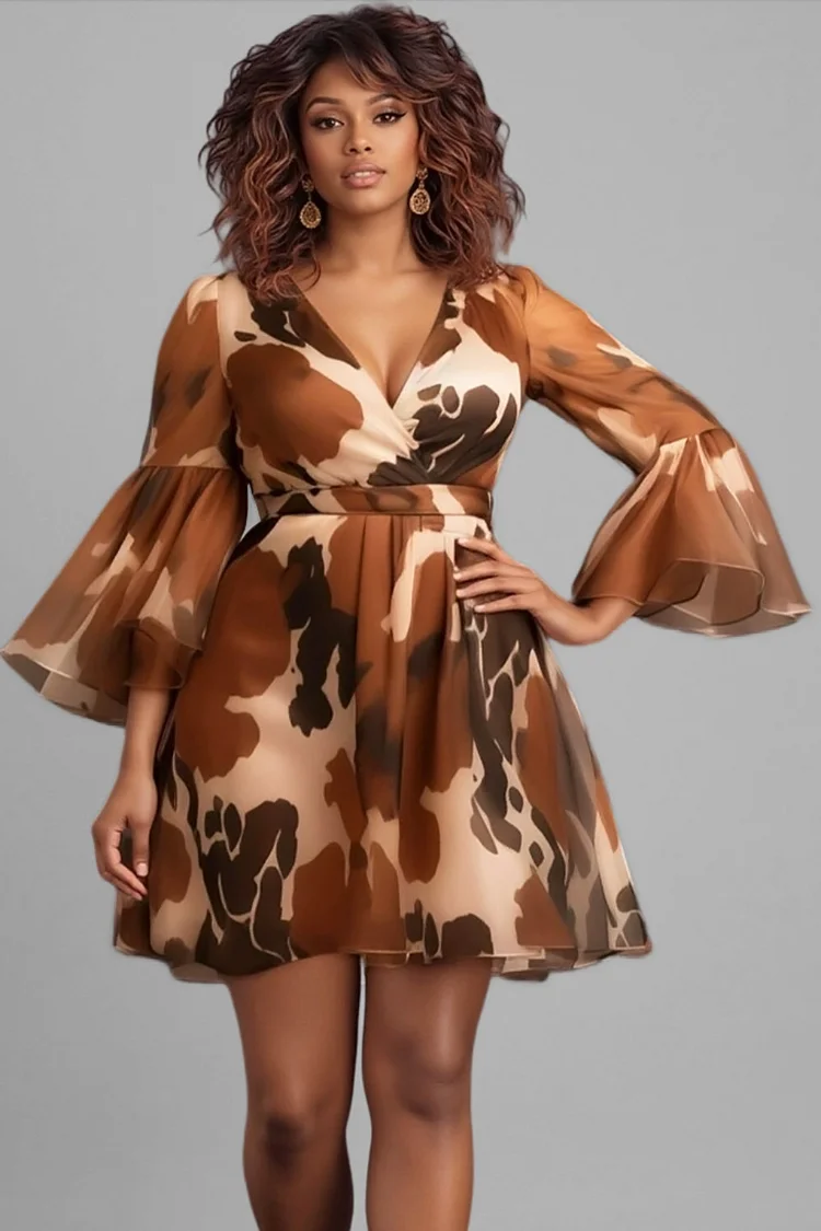 Xpluswear Design Plus Size Party Brown Animal Wrap Neck Flare 3/4 Sleeve Pleated Elegant Chiffon Mini Dresses [Pre-Order] 2024 - Xpluswear