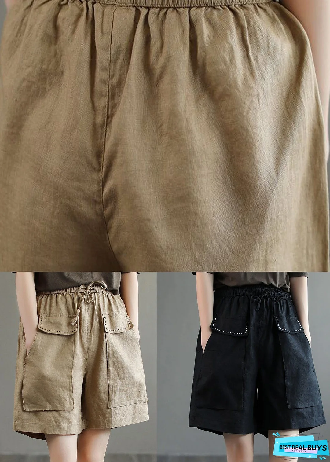 Unique Khaki Pockets Patchwork Linen Shorts Summer