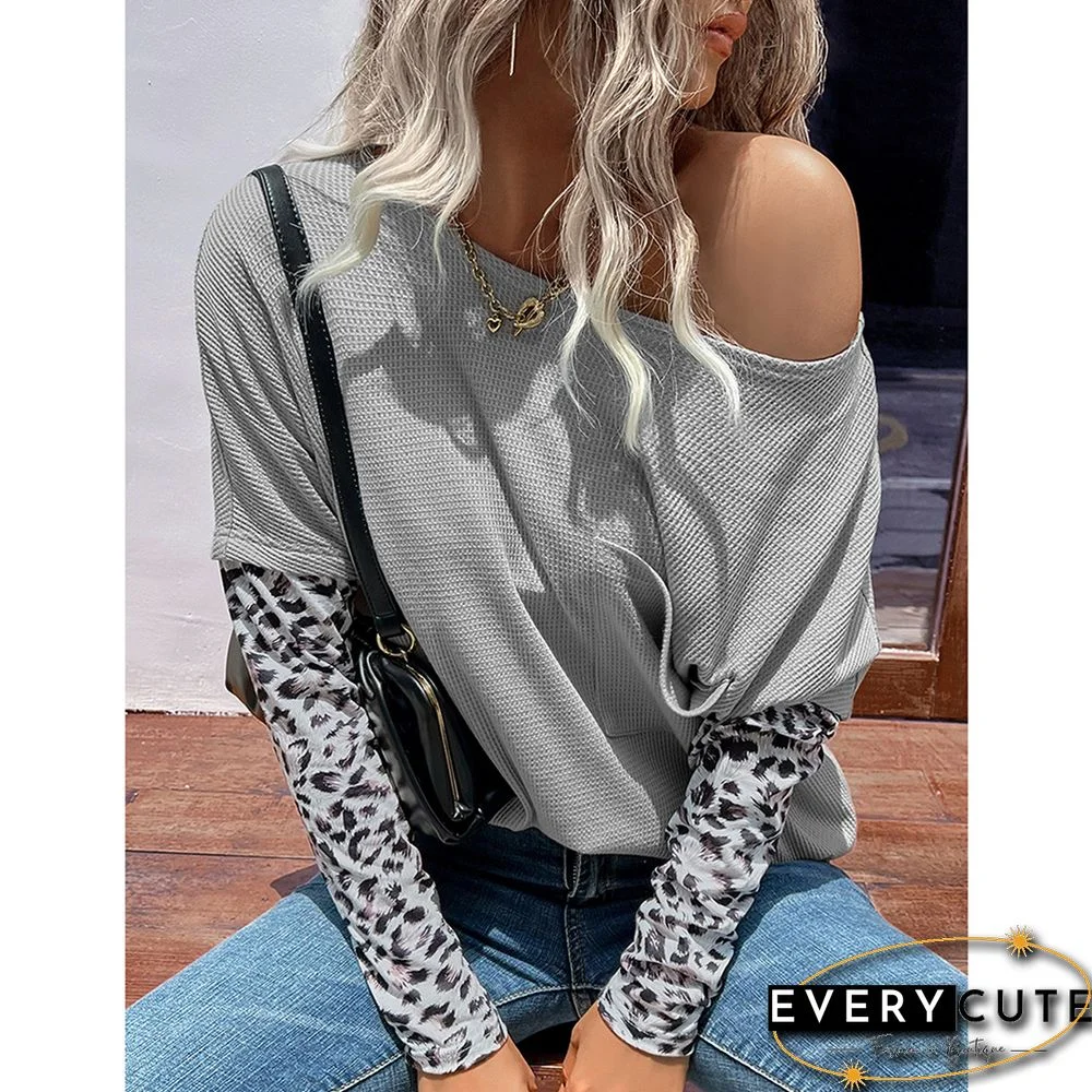 Light Gray Spliced Leopard Waffle Pocket Long Sleeve Top