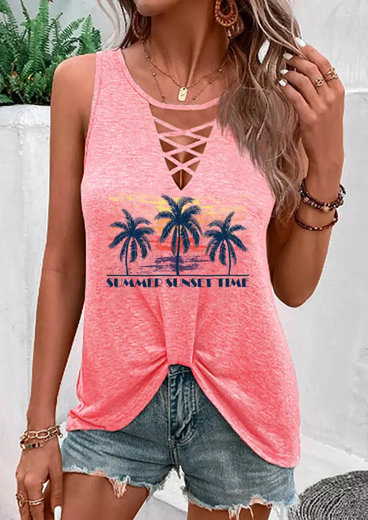 Criss-Cross Coconut Tree Twist Tank - Pink