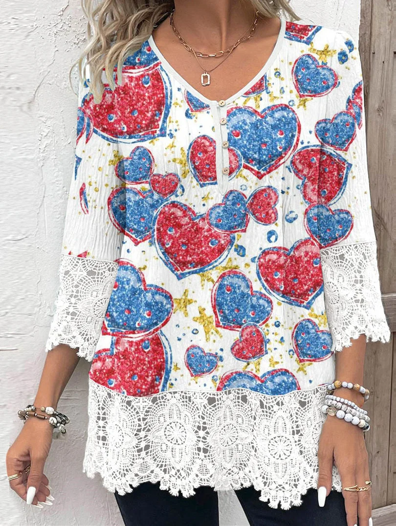 Women 3/4 Sleeve V-neck Love Printed Graphic Button Lace Tops