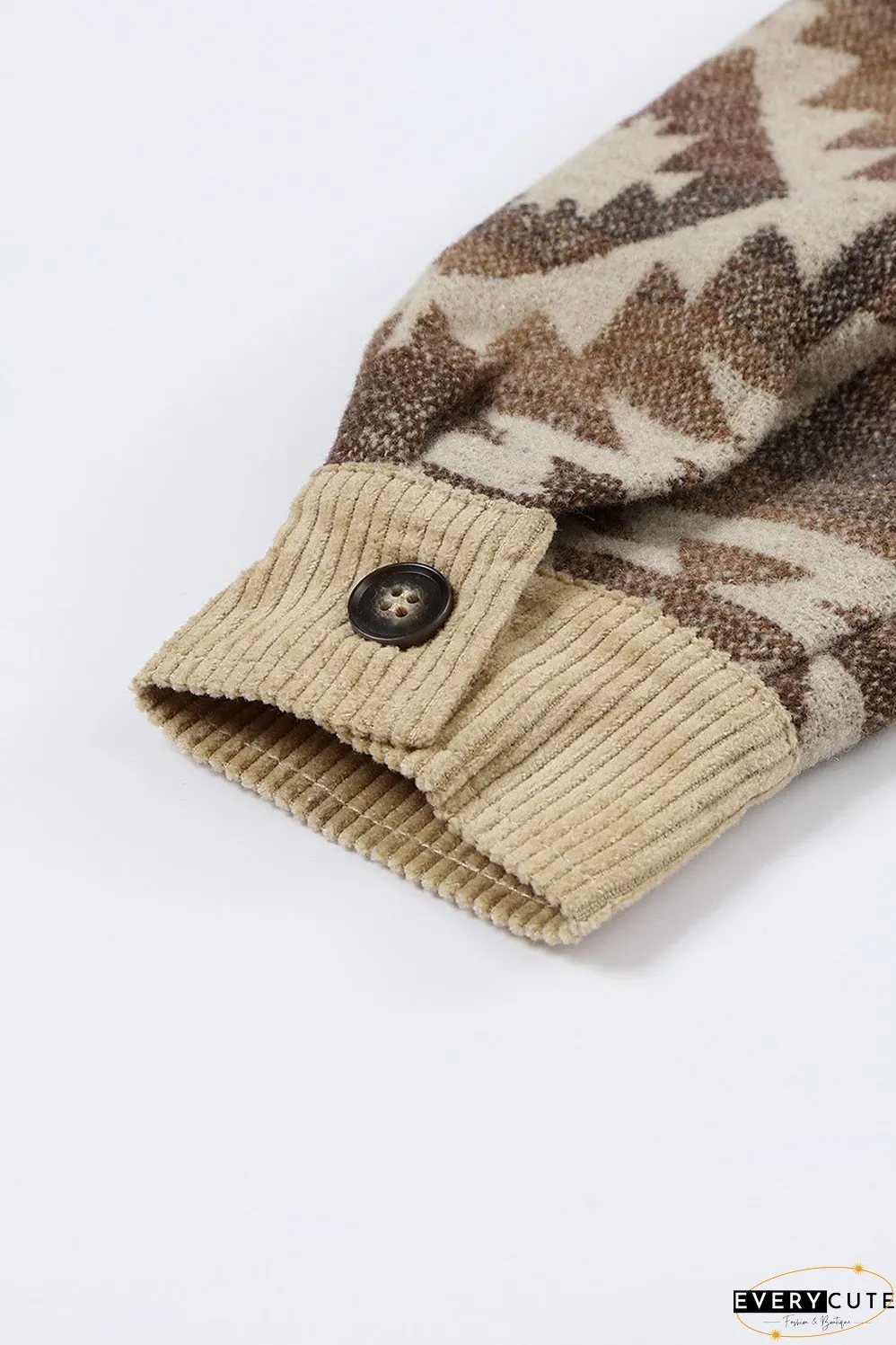 Khaki Aztec Print Patchwork Frayed Edge Corduroy Jacket