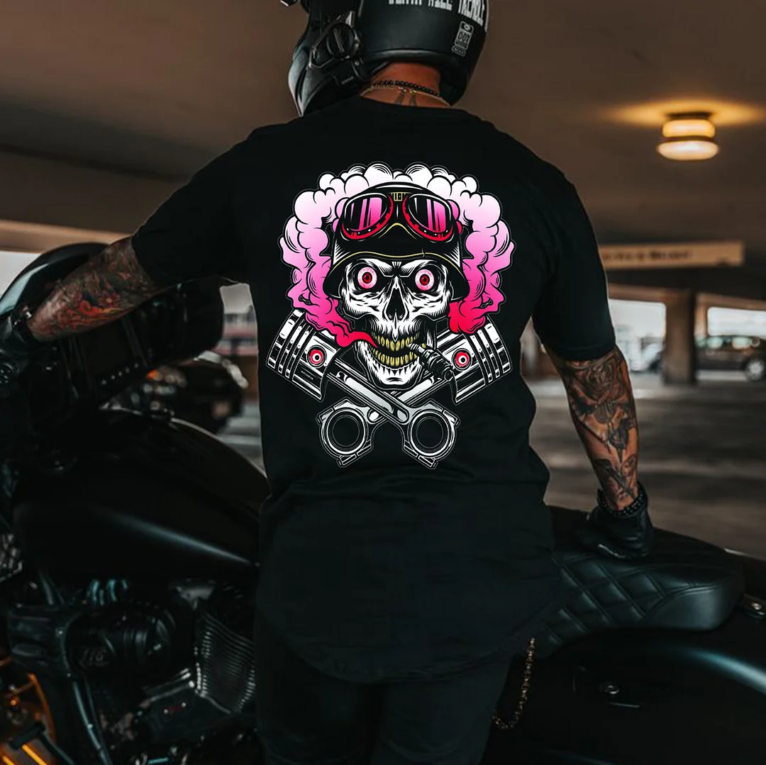 Helmet Skull&Piston Print Men's T-shirt