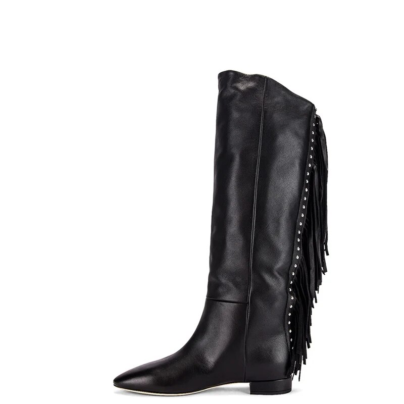 TAAFO Black Women Pointed Toe Low Square Heels Knee High Fringe Boots Zipper Ladies Shoes