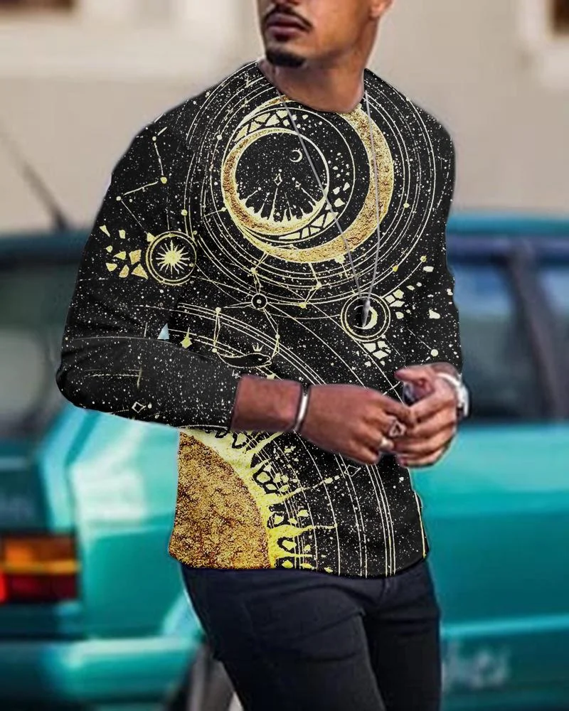 Men's Casual Long Sleeved Creative  Abstract Planet Pattern T-shirt