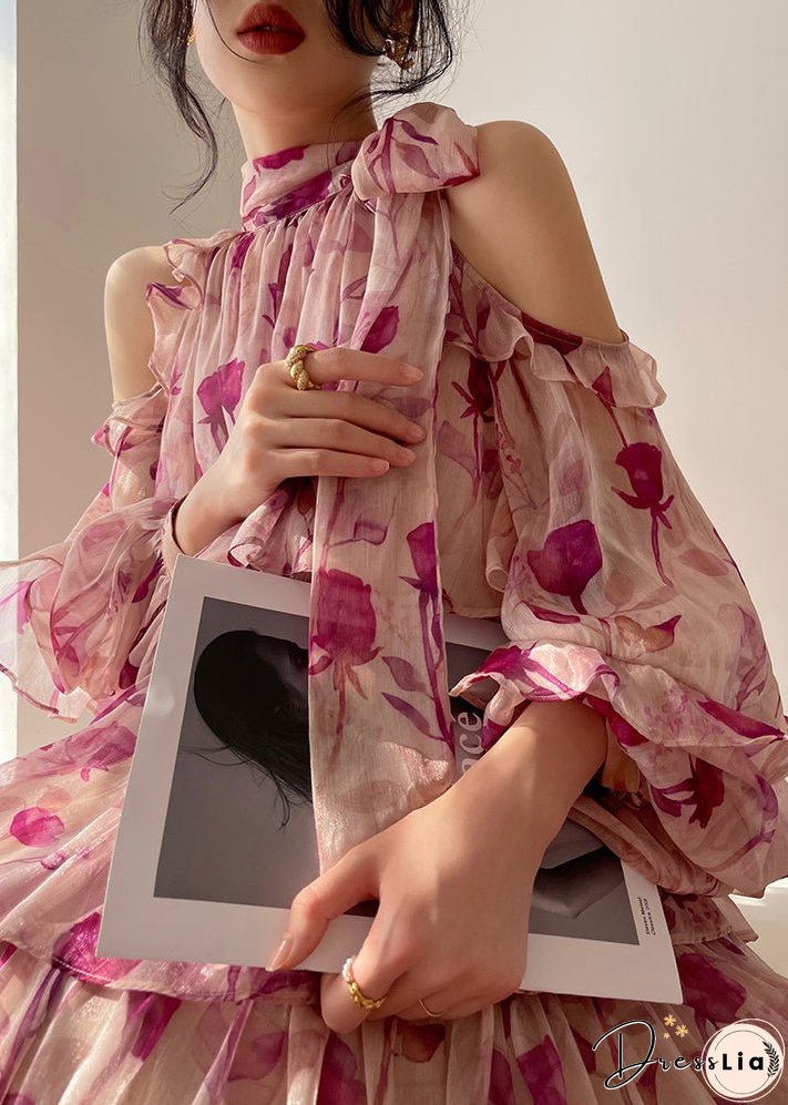 French Pink Print Ruffled Lantern Sleeve Cold Shoulder Dress