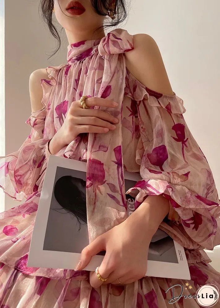 French Pink Print Ruffled Lantern Sleeve Cold Shoulder Dress