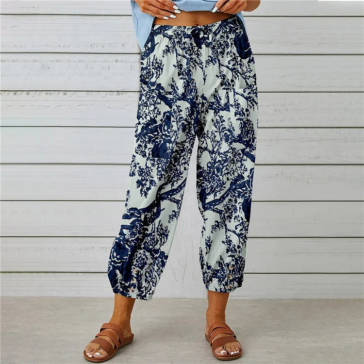 Women's cotton and linen pants high waist drawstring nine-point pants elastic waist ankle plant print pants socialshop
