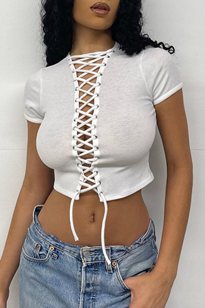 White Sexy Solid Draw String O Neck T-Shirts | EGEMISS