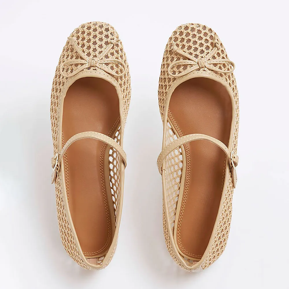 YDN Beige Raffia Round Toe Bow Decor Cut-Out Mary Jane Flats