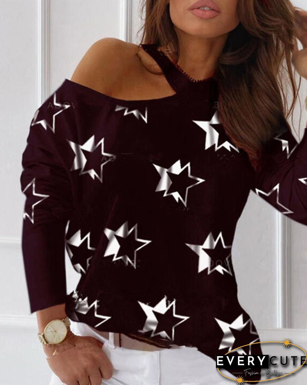 Star Print Cold Shoulder Casual T-shirt P15476